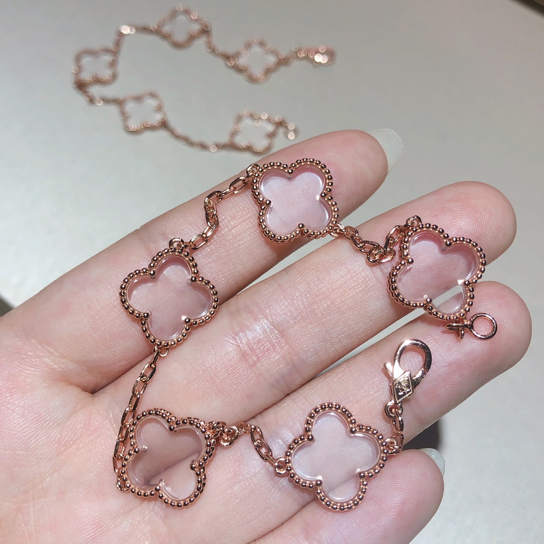 [：Polaidi Jewelry]CLOVER 5 MOTIF ROCK CRYSTAL PINK GOLD BRACELET