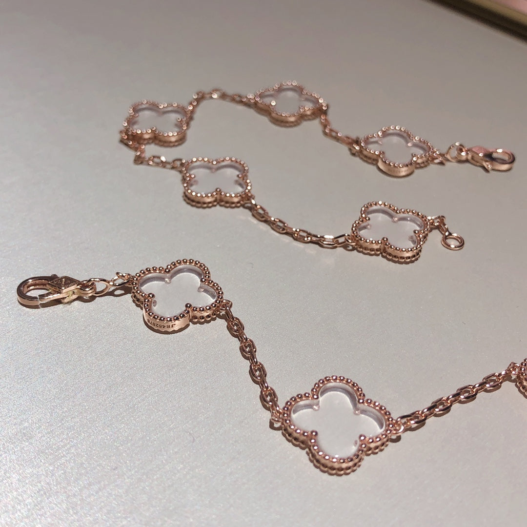 [：Polaidi Jewelry]CLOVER 5 MOTIF ROCK CRYSTAL PINK GOLD BRACELET