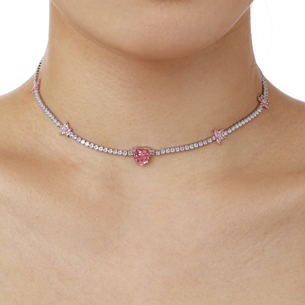 [Polaidi Jewelry]Dazzling Pink Heart Flower Necklace