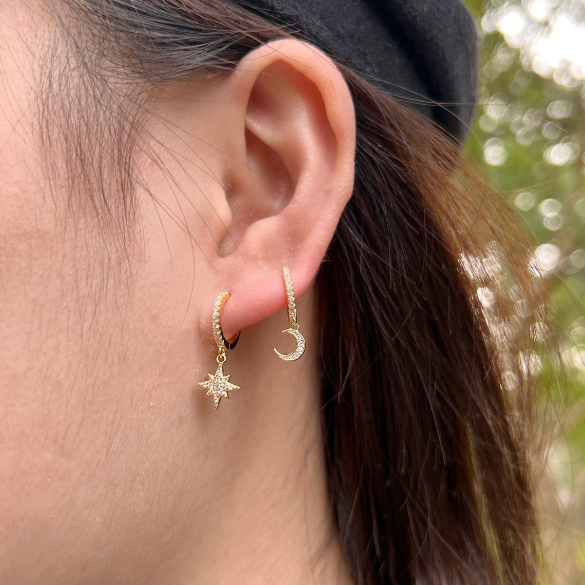 [Polaidi Jewelry]Star and Moon Asymmetric Earrings