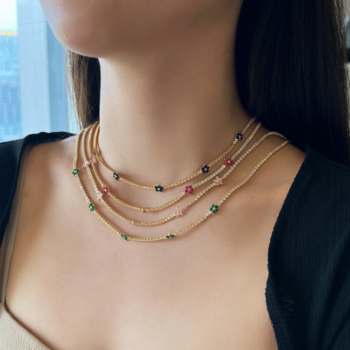 [Polaidi Jewelry]Luxurious Colorful Flower Tennis Necklace