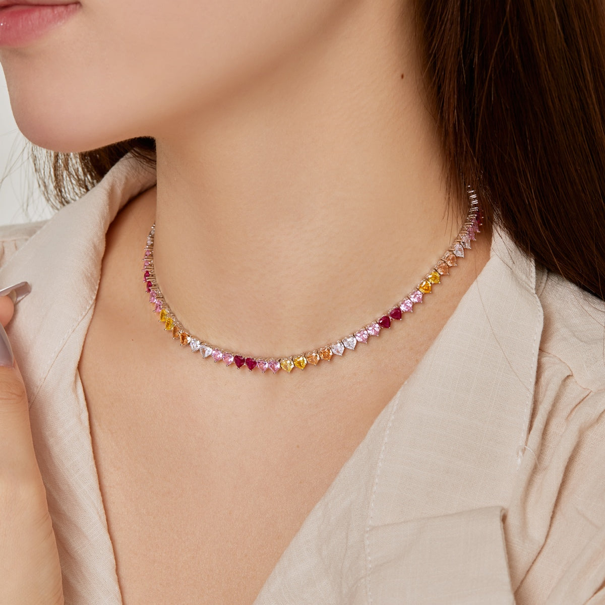 [Polaidi Jewelry]Sparkling Colorful Full Heart Tennis Necklace