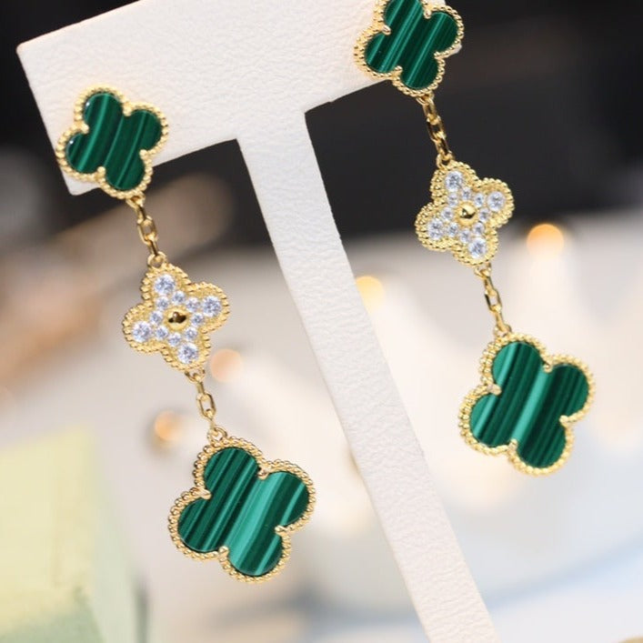 [Polaidi Jewelry]CLOVER EARRINGS GOLD MALACHITE DIAMOND 3 MOTIF