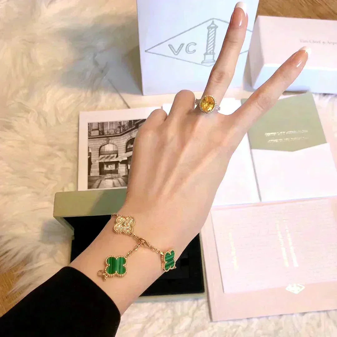 [：Polaidi Jewelry]CLOVER  5 MOTIF MALACHITE DIAMOND BRACELET