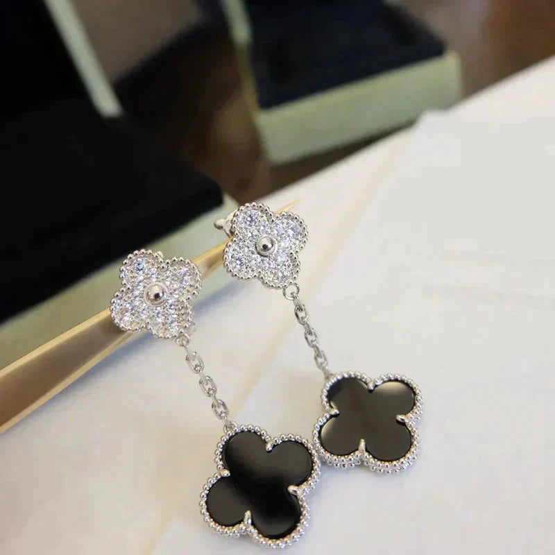 [：Polaidi Jewelry]CLOVER 2 MOTIFS  DIAMOND ONYX EARRINGS SILVER