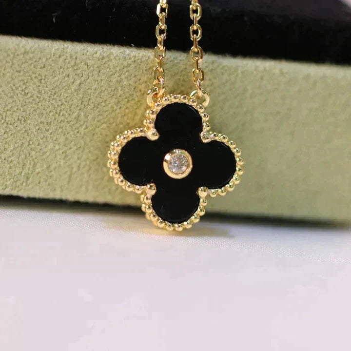 [：Polaidi Jewelry]CLOVER 15MM DIAMOND ONYX NECKLACE
