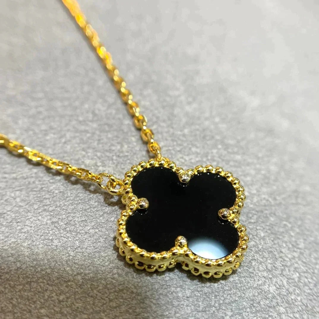 [：Polaidi Jewelry]CLOVER 15MM BLACK ONYX SINGLE FLOWER NECKLACE