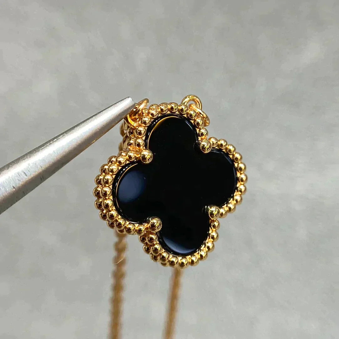 [：Polaidi Jewelry]CLOVER 15MM BLACK ONYX SINGLE FLOWER NECKLACE