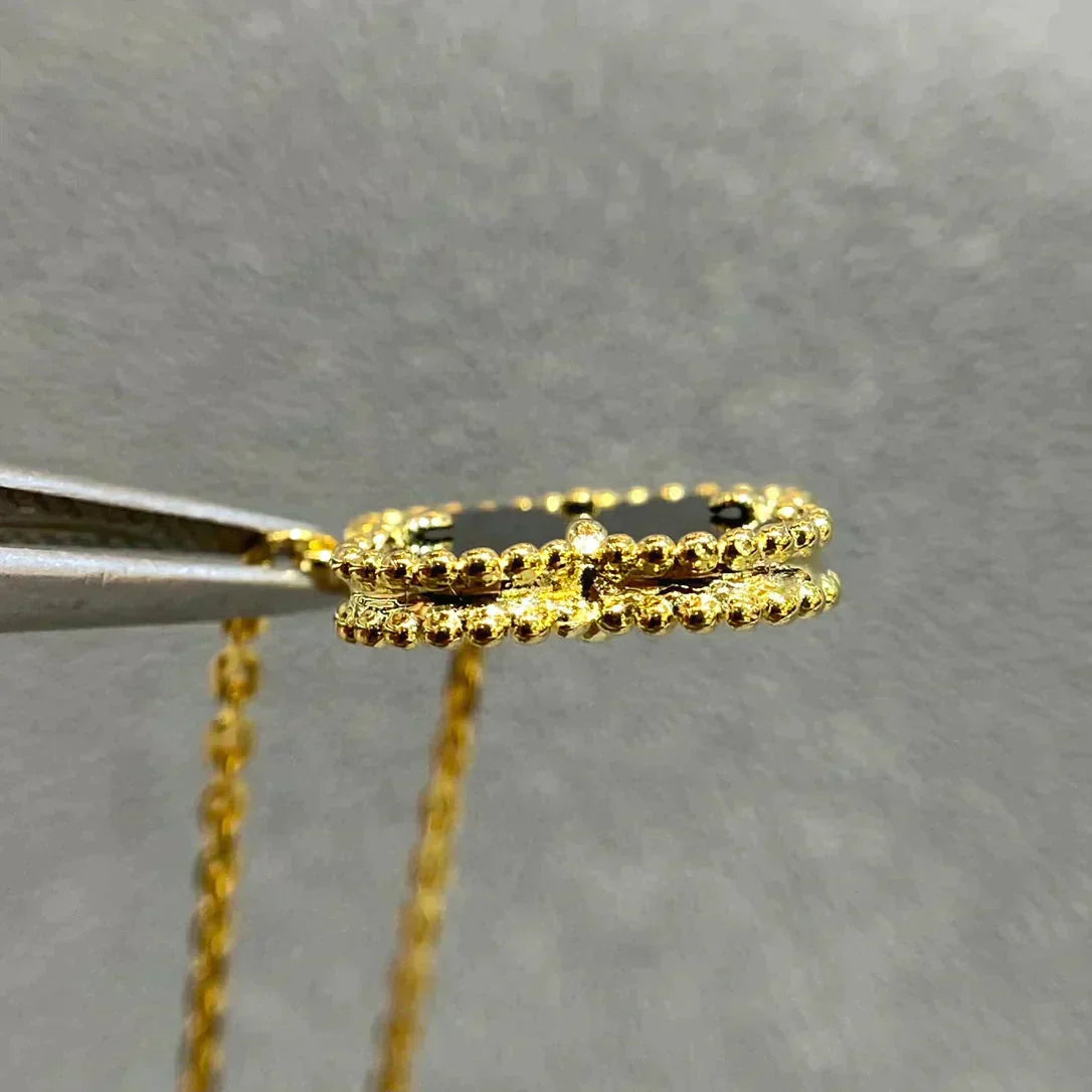 [：Polaidi Jewelry]CLOVER 15MM BLACK ONYX SINGLE FLOWER NECKLACE