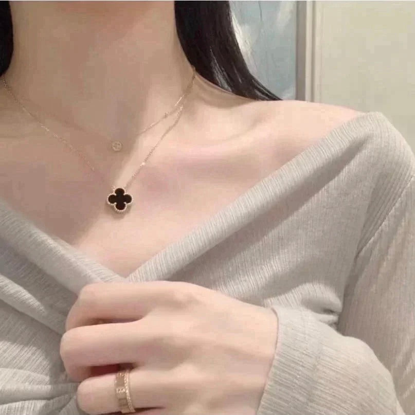 [Polaidi Jewelry]CLOVER 15MM BLACK ONYX SINGLE FLOWER NECKLACE