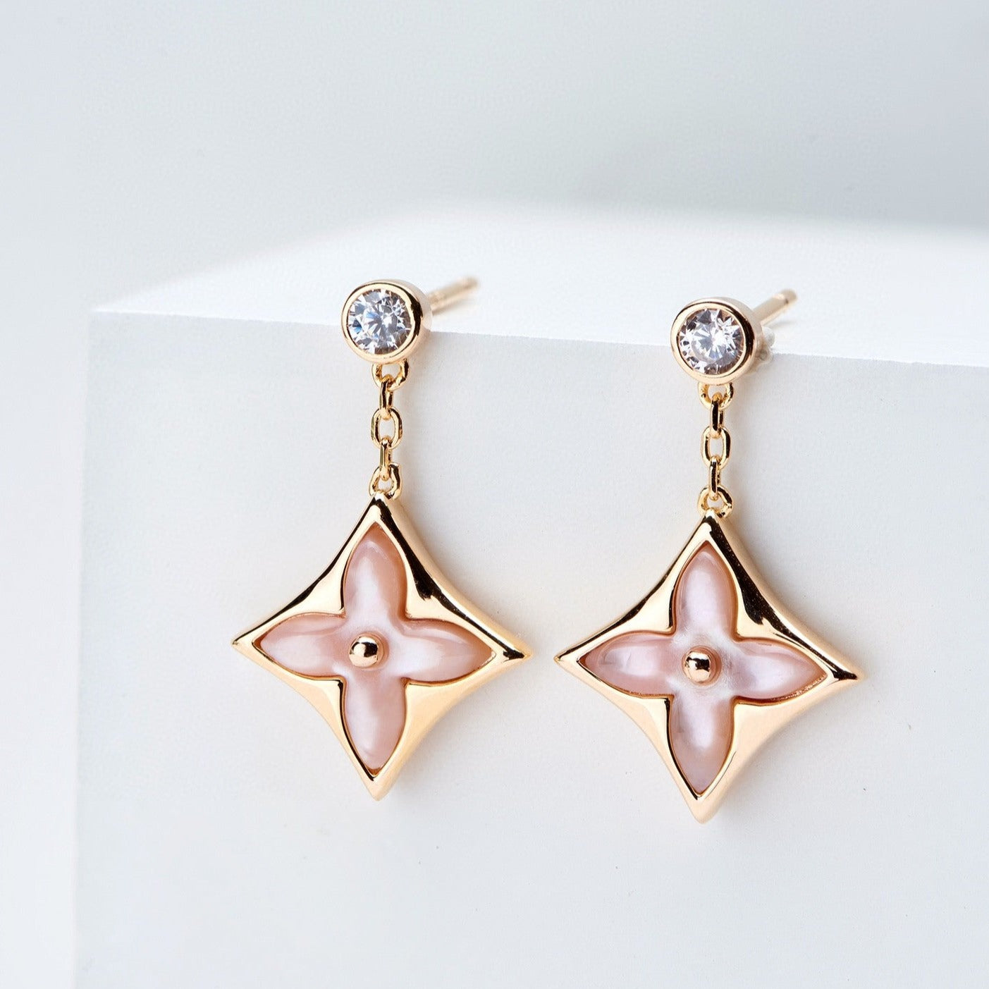[：Polaidi Jewelry]DOUBLE STAR PINK GOLD MOP DROP EARRINGS
