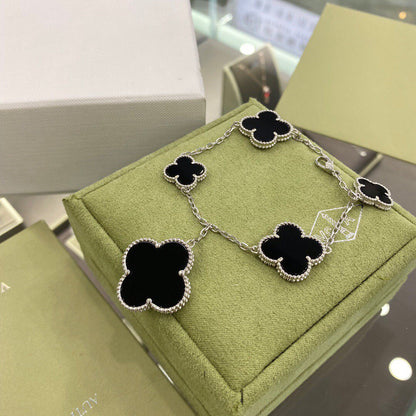 [：ポライディジュエリー]クローバー 5モチーフ シルバー オニキス ブレスレット