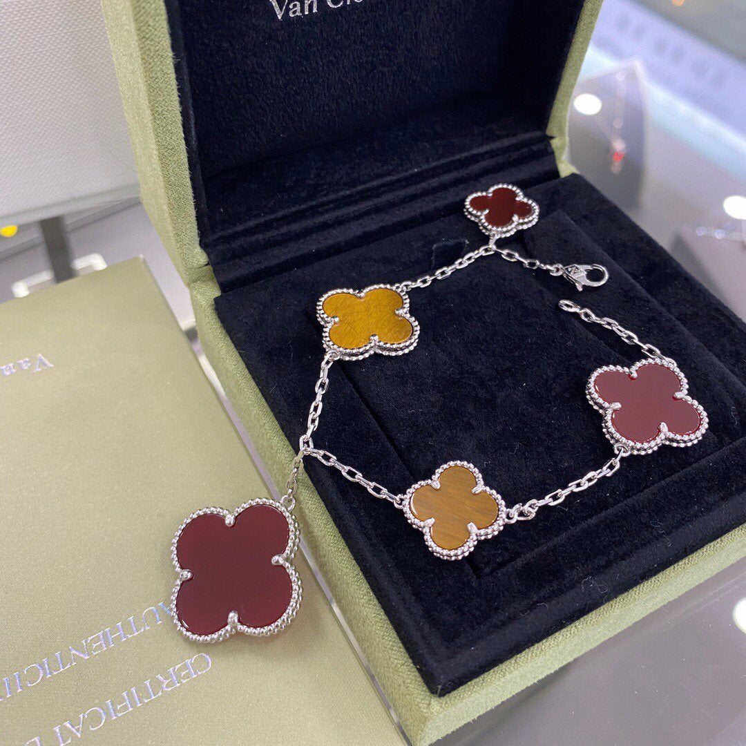[：Polaidi Jewelry]クローバー 5モチーフ シルバー カーネリアン タイガーアイ ブレスレット