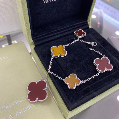 [：Polaidi Jewelry]クローバー 5モチーフ シルバー カーネリアン タイガーアイ ブレスレット