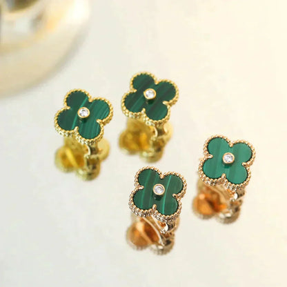 [：Polaidi Jewelry]CLOVER MEDIUM 1モチーフ マラカイト ダイヤモンド ピアス
