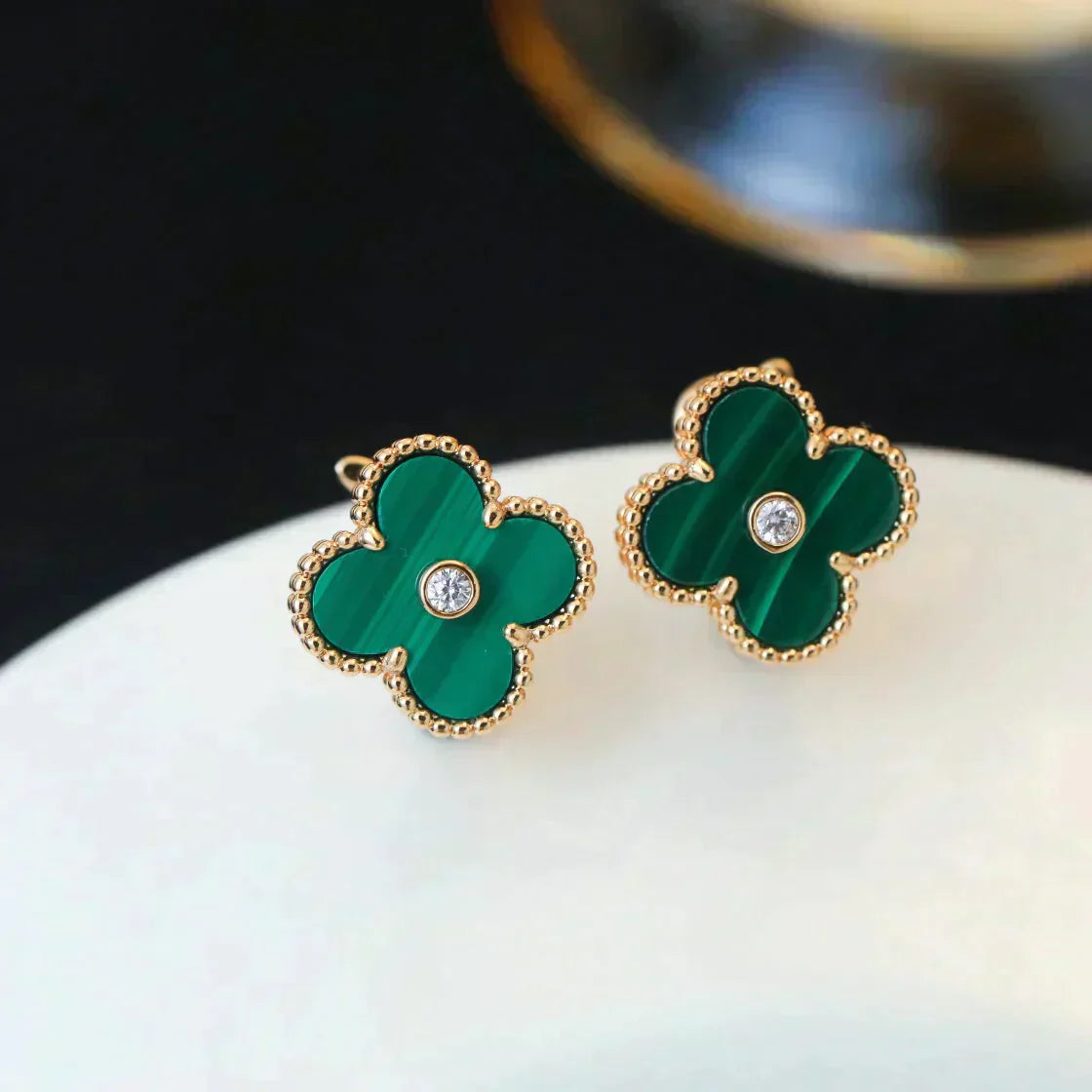 [：Polaidi Jewelry]CLOVER MEDIUM 1モチーフ マラカイト ダイヤモンド ピアス