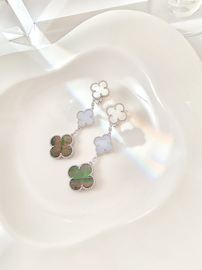 [：Polaidi Jewelry]CLOVER 3 MOTIFS CHALCEDONY DARK MOP SILVER EARRINGS