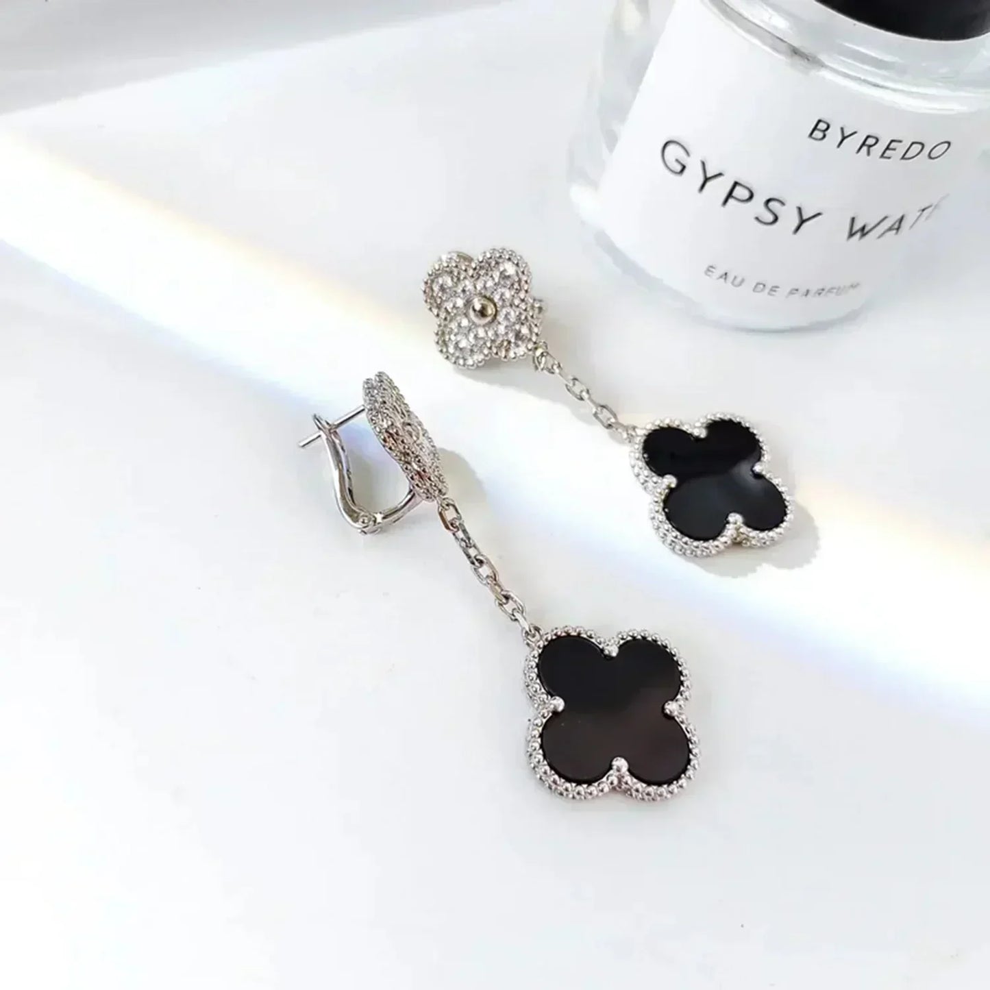 [Polaidi Jewelry]CLOVER 2 MOTIFS  DIAMOND ONYX EARRINGS SILVER