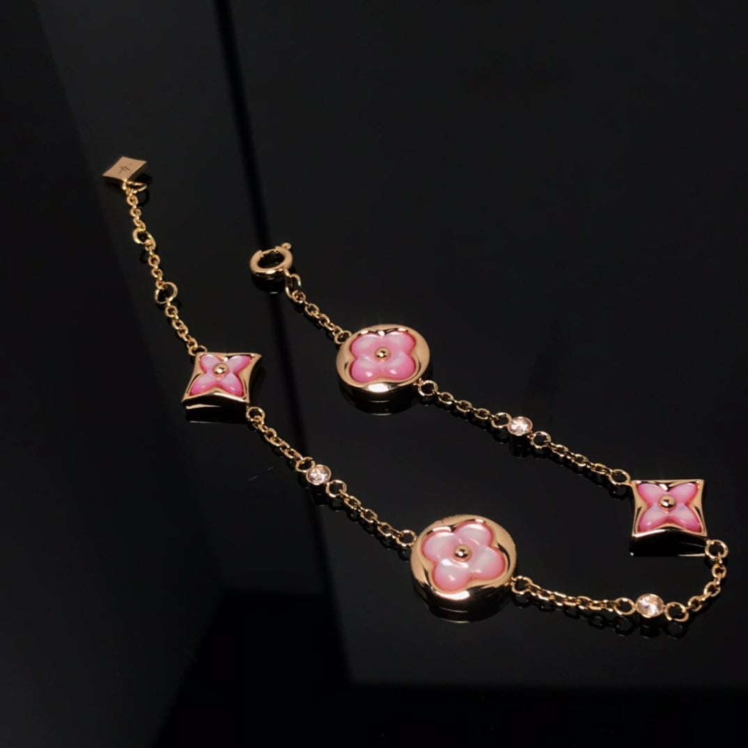 [Polaidi Jewelry]STAR AND SUN 4 MOTIF PINK MOP PINK GOLD BRACELET