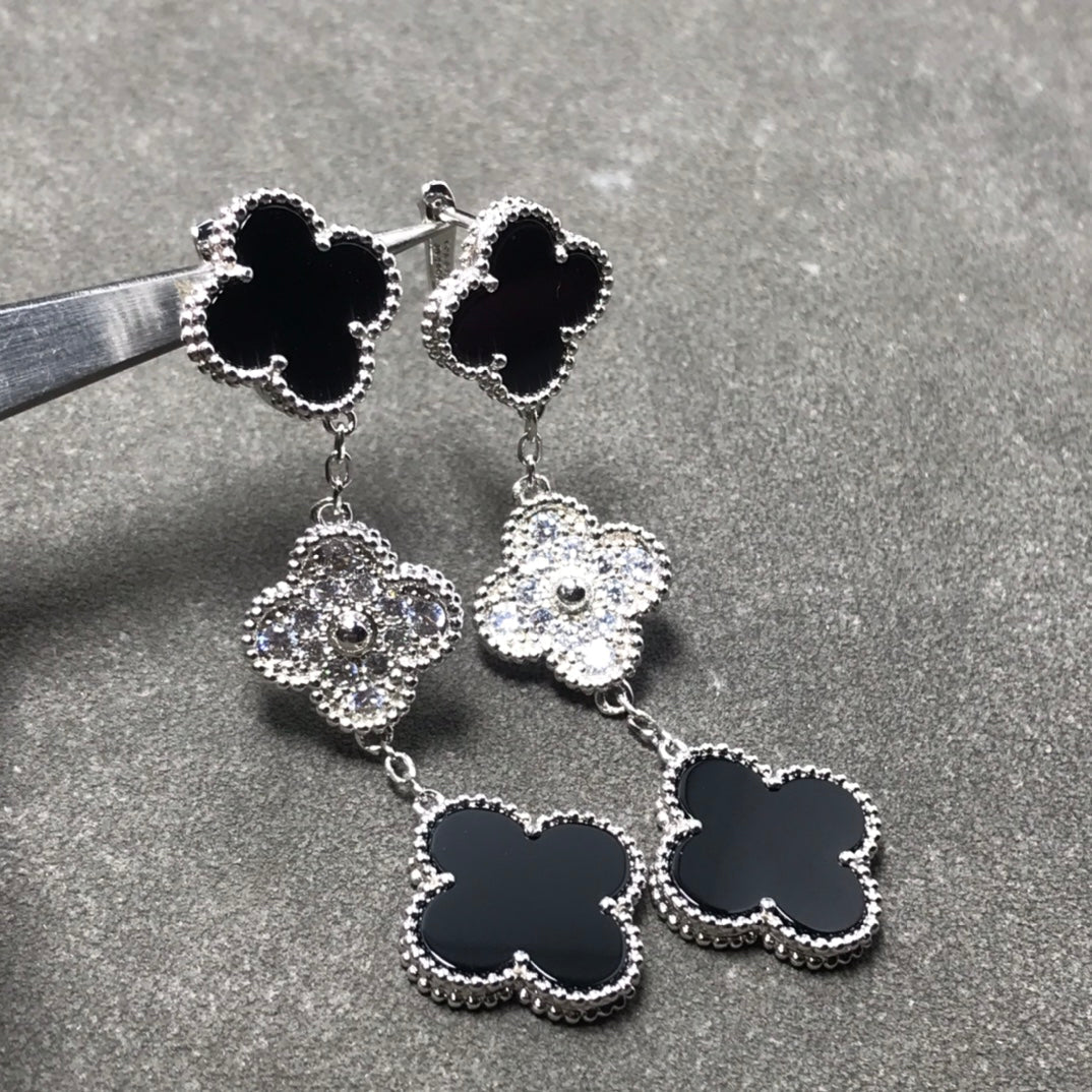 [Polaidi Jewelry]CLOVER 3 MOTIF DIAMOND ONYX SILVER EARRINGS