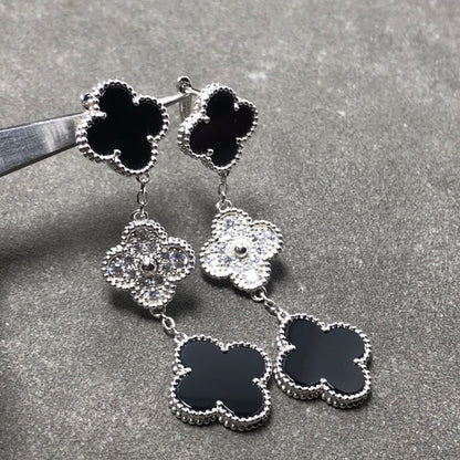 [Polaidi Jewelry]CLOVER 3 MOTIF DIAMOND ONYX SILVER EARRINGS