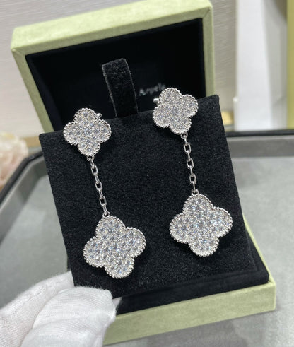 [Polaidi Jewelry]CLOVER 2 MOTIFS DIAMOND PAVED SILVER EARRINGS