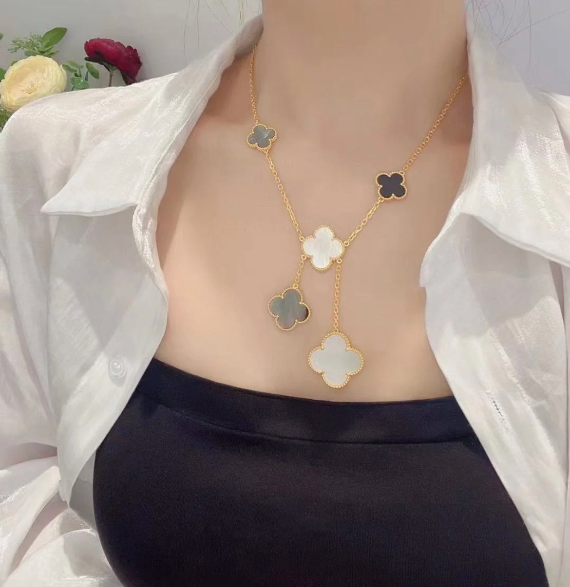 [：Polaidi Jewelry]CLOVER 6 MOTIF MOP ONYX GOLD NECKLACE