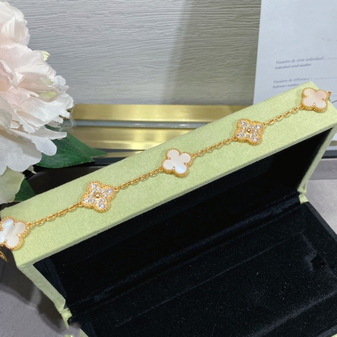 [：ポライディジュエリー]CLOVER 5モチーフ ダイヤモンド ピンクMOP ピンクゴールドブレスレット