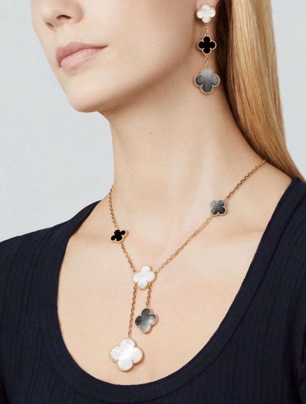 [：Polaidi Jewelry]CLOVER 3 MOTIF MOP ONYX DARK MOP PINK GOLD EARRINGS