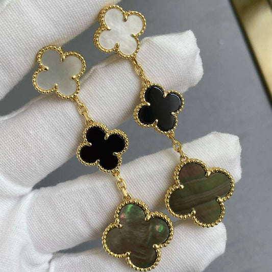 [：Polaidi Jewelry]CLOVER 3 MOTIF MOP ONYX DARK MOP PINK GOLD EARRINGS