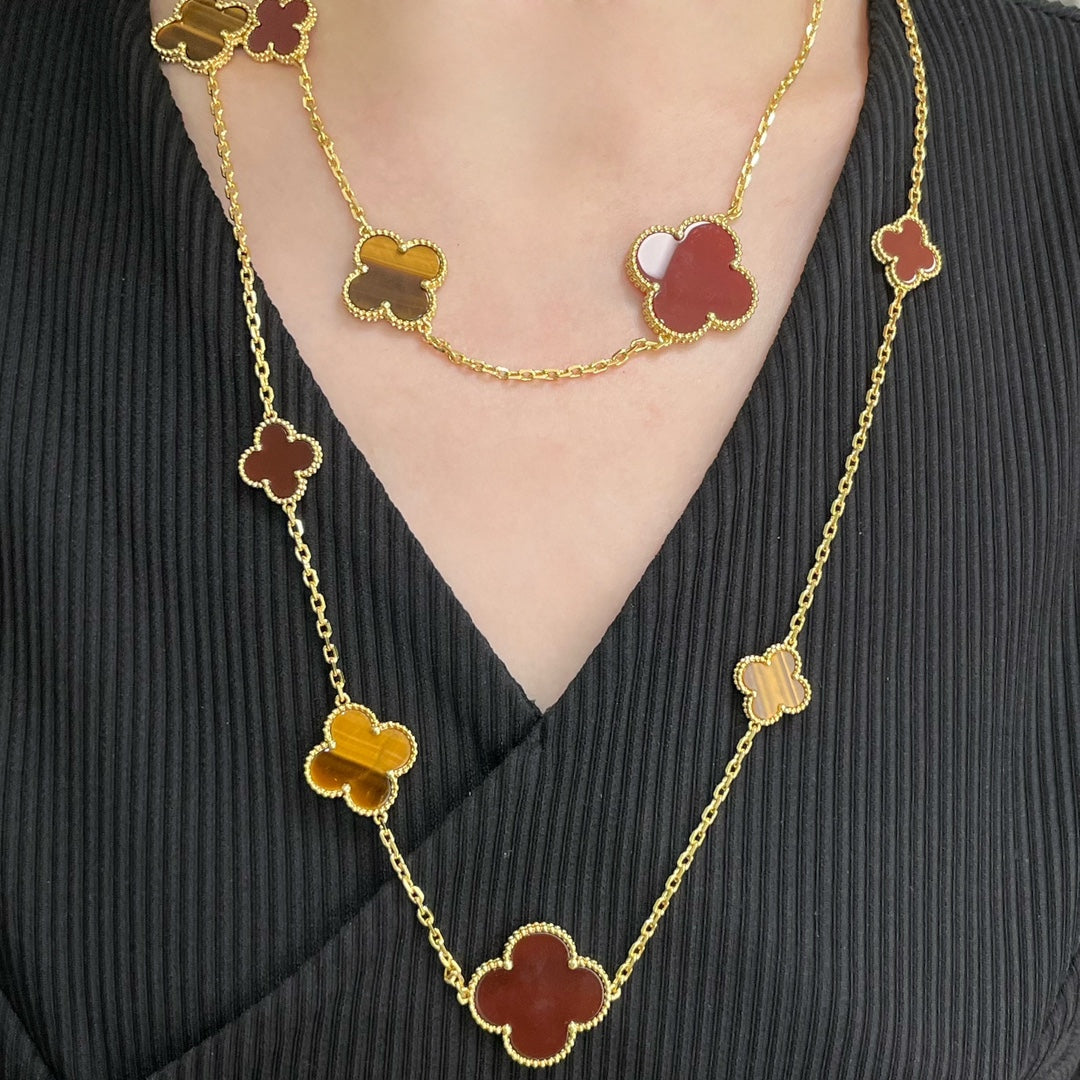 [Polaidi Jewelry]CLOVER 16 MOTIF CARNELIAN TIGER EYE ROSE GOLD NECKLACE