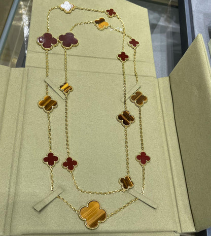 [Polaidi Jewelry]CLOVER 16 MOTIF CARNELIAN TIGER EYE ROSE GOLD NECKLACE