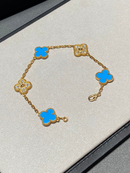 [：Polaidi Jewelry]クローバー 5モチーフ ブルーカルセドニー ダイヤモンド ゴールドブレスレット