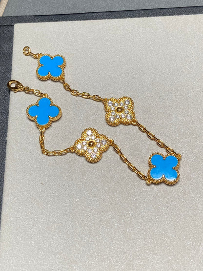 [：Polaidi Jewelry]クローバー 5モチーフ ブルーカルセドニー ダイヤモンド ゴールドブレスレット