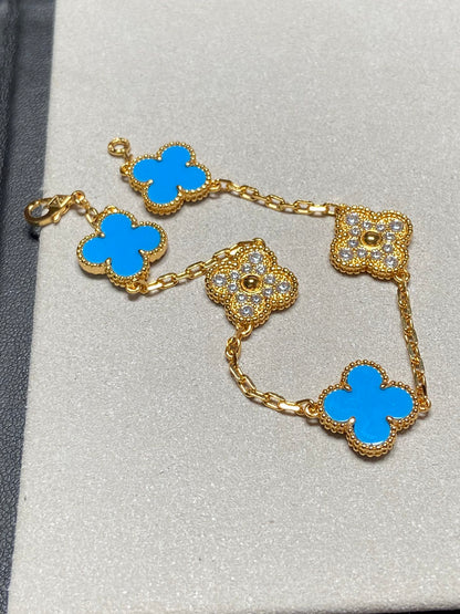 [：Polaidi Jewelry]クローバー 5モチーフ ブルーカルセドニー ダイヤモンド ゴールドブレスレット