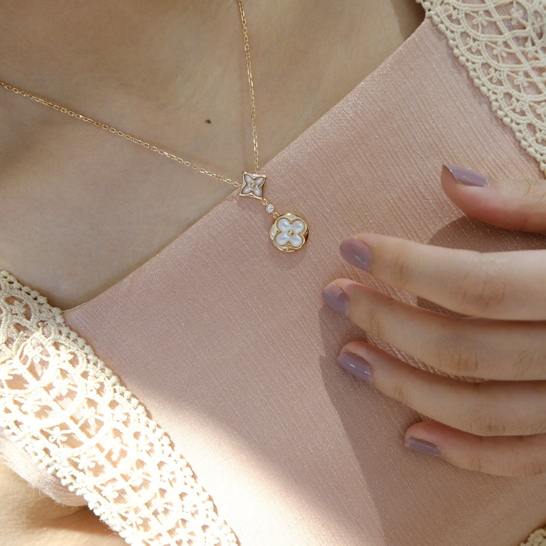 [Polaidi Jewelry]STAR AND SUN WHITE MOP 2 MOTIF PINK GOLD NECKLACE
