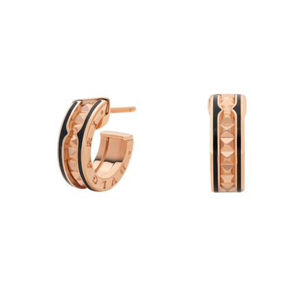 [Polaidi Jewelry]ZERO 1 ROCK PINK GOLD EARRINGS WITH STUDDED SPIRAL AND BLACK CERAMIC