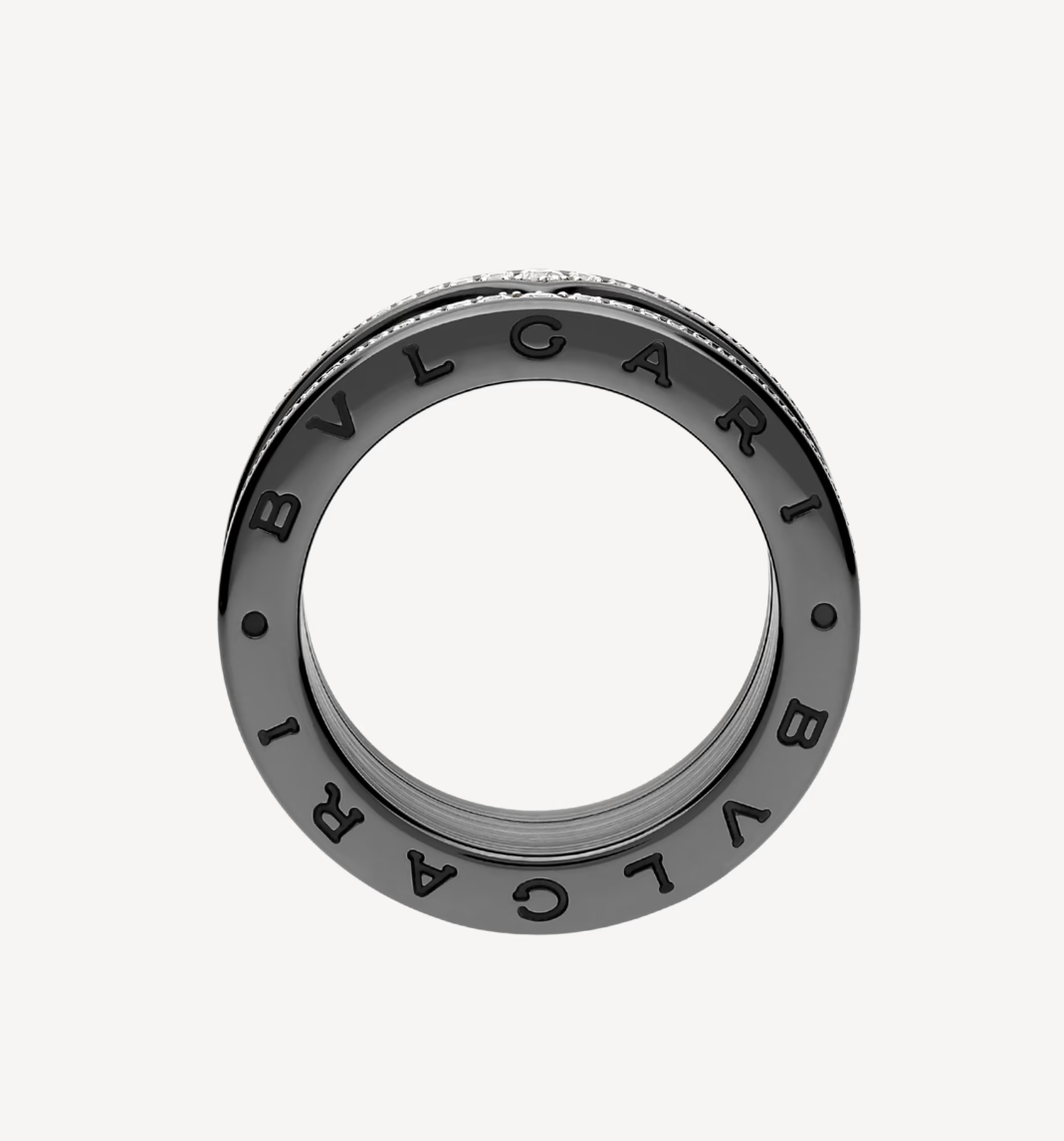[Polaidi Jewelry]ZERO 1 ROCK FOUR-BAND BLACK CERAMIC WITH STUDDED SPIRAL AND PAVED DIAMONDS RING
