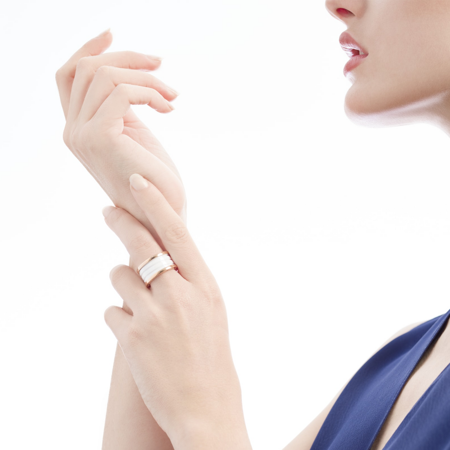 [Polaidi Jewelry]ZERO 1 FOUR-BAND LOOPS AND WHITE CERAMIC SPIRAL PINK GOLD RING