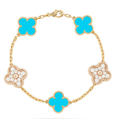[：Polaidi Jewelry]クローバー 5モチーフ ターコイズ ダイヤモンド ゴールド ブレスレット