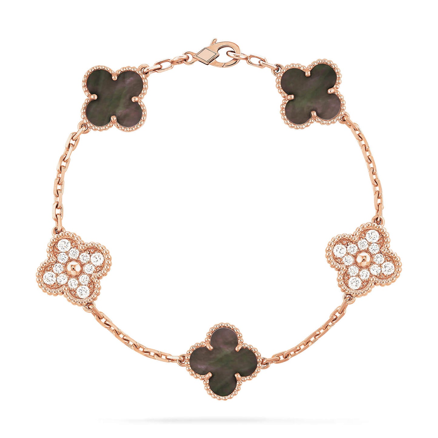 [：Polaidi Jewelry]クローバー 5モチーフ ダークマザーオブパール＆ダイヤモンド ピンクゴールド ブレスレット