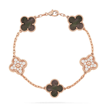 [：Polaidi Jewelry]クローバー 5モチーフ ダークマザーオブパール＆ダイヤモンド ピンクゴールド ブレスレット