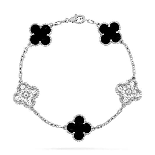 [：Polaidi Jewelry]CLOVER 5 MOTIF ONYXS DIAMOND BRACELET SILVER