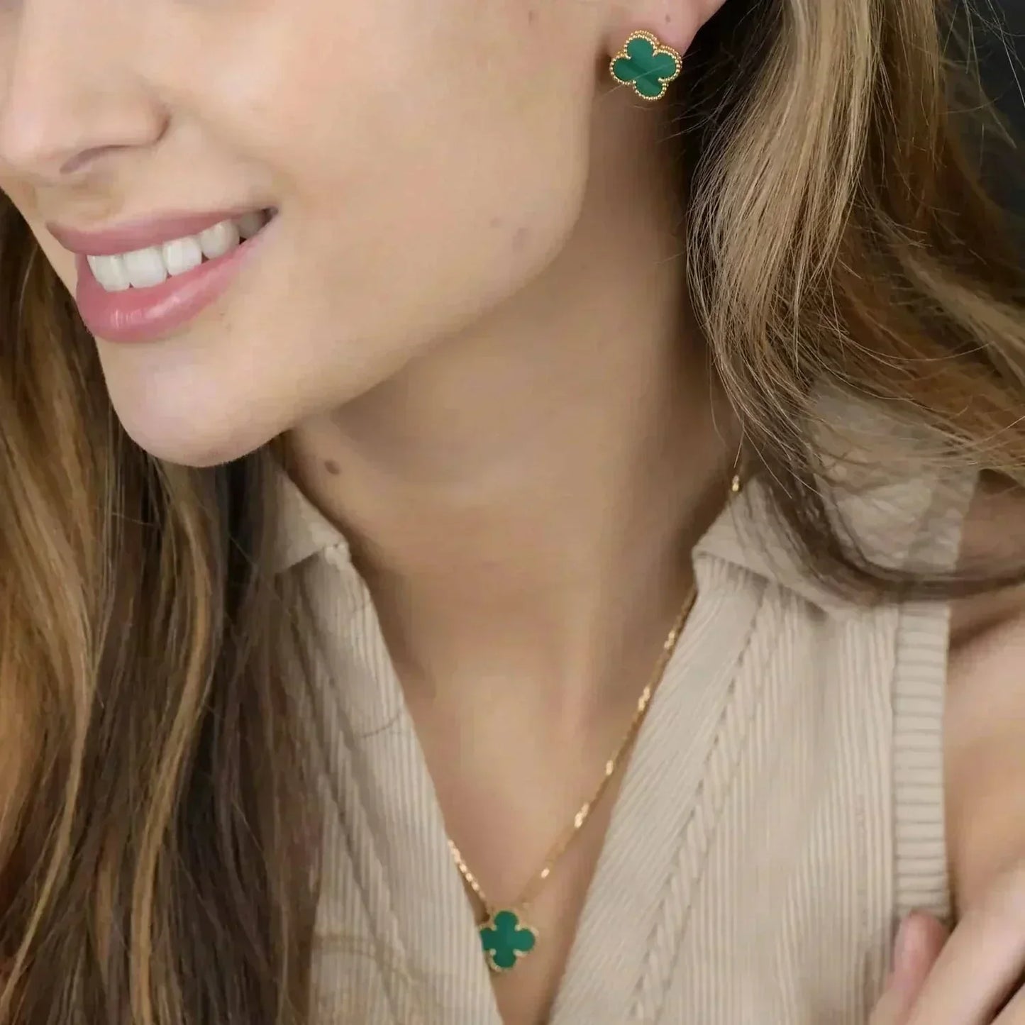 [Polaidi Jewelry]CLOVER MINI 9.5MM MALACHITE  EARRINGS