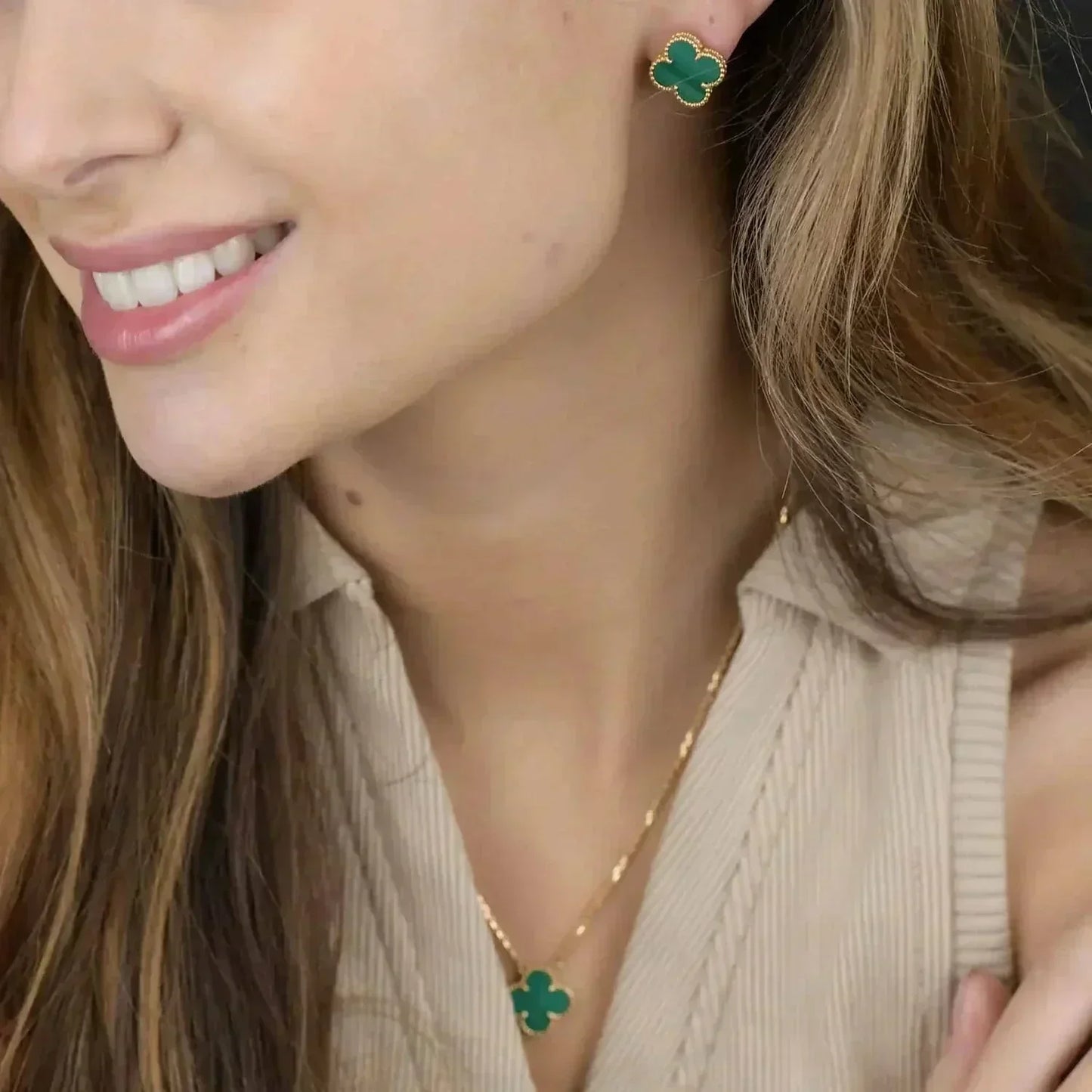 [：Polaidi Jewelry]クローバー ミニ 9.5MM マラカイト イヤリング