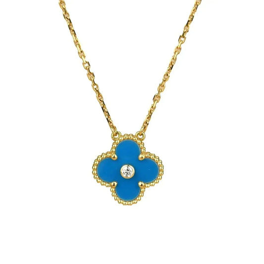 [Polaidi Jewelry]CLOVER 15MM DIAMOND AND BLUE AGATE NECKLACE