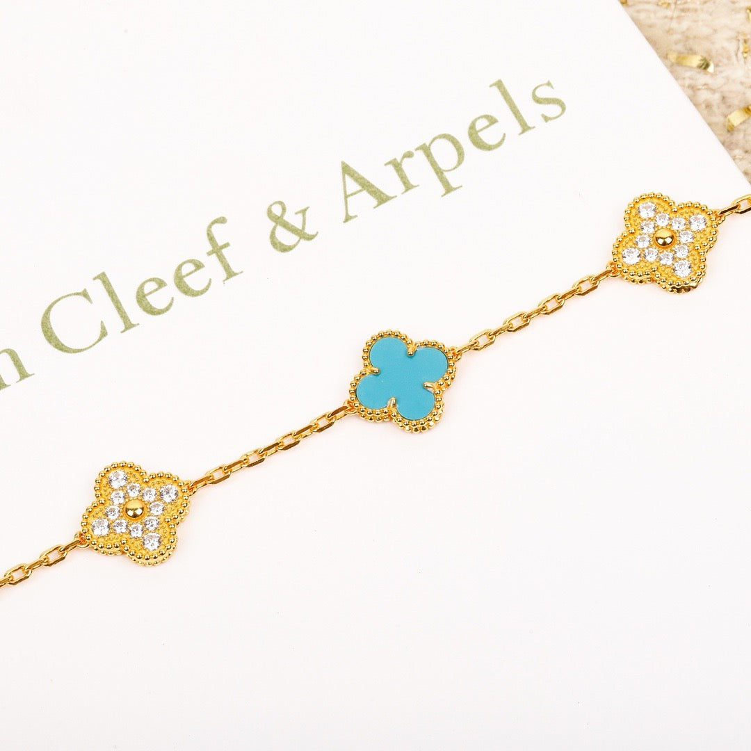 [：Polaidi Jewelry]クローバー 5モチーフ ターコイズ ダイヤモンド ゴールド ブレスレット