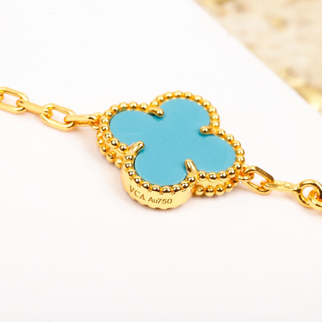 [：Polaidi Jewelry]クローバー 5モチーフ ターコイズ ダイヤモンド ゴールド ブレスレット
