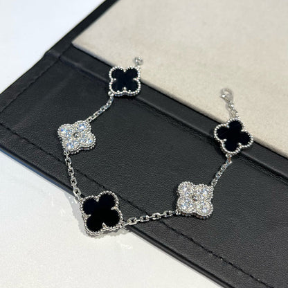 [：Polaidi Jewelry]CLOVER 5 MOTIF ONYXS DIAMOND BRACELET SILVER