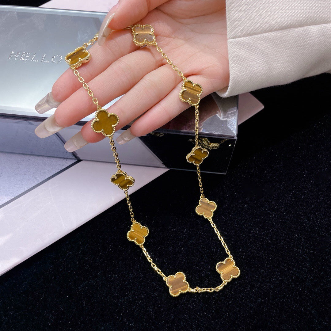 [：Polaidi Jewelry]CLOVER 10 MOTIFS TIGER EYE NECKLACE